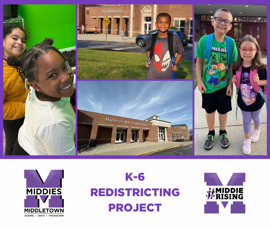 Collage shows photos of students smiling, and exterior buildings. Text reads "K-6 redistricting project" with MCSD logos